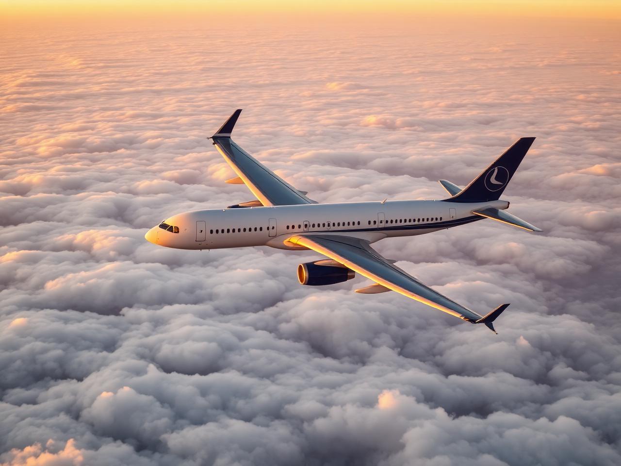 Passenger aircraft cruising above the clouds at sunrise